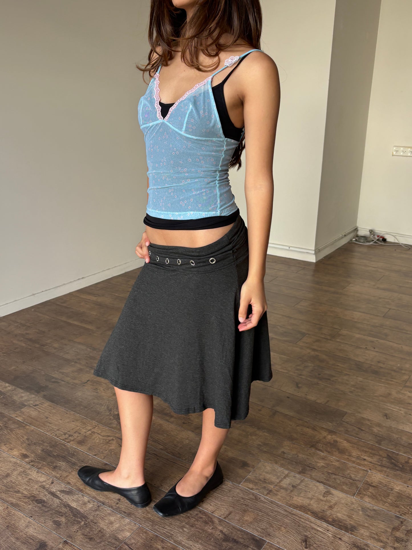 Mesh light blue top with flower detail
