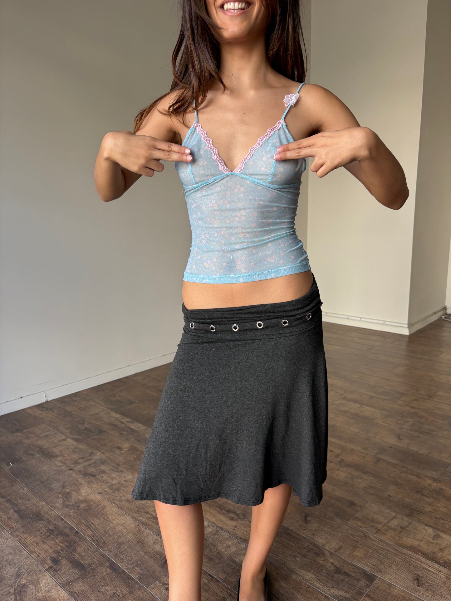 Mesh light blue top with flower detail