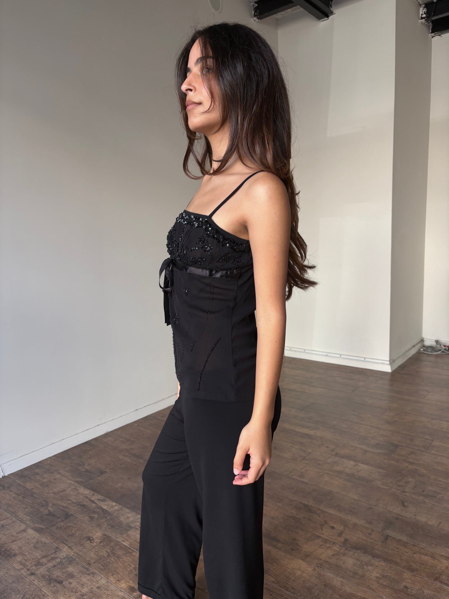Tie up beaded black top￼