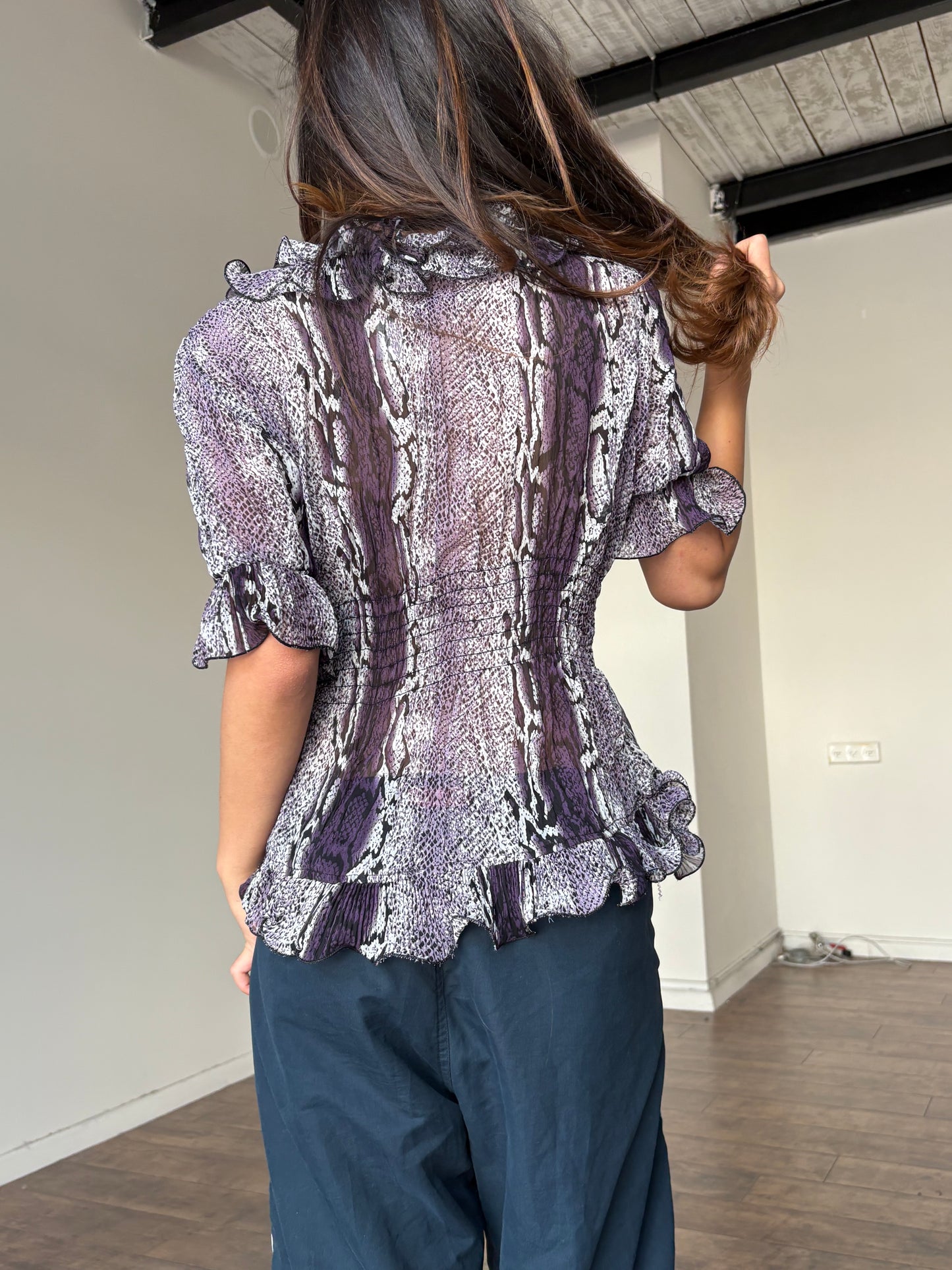 Ruffled purple button up top