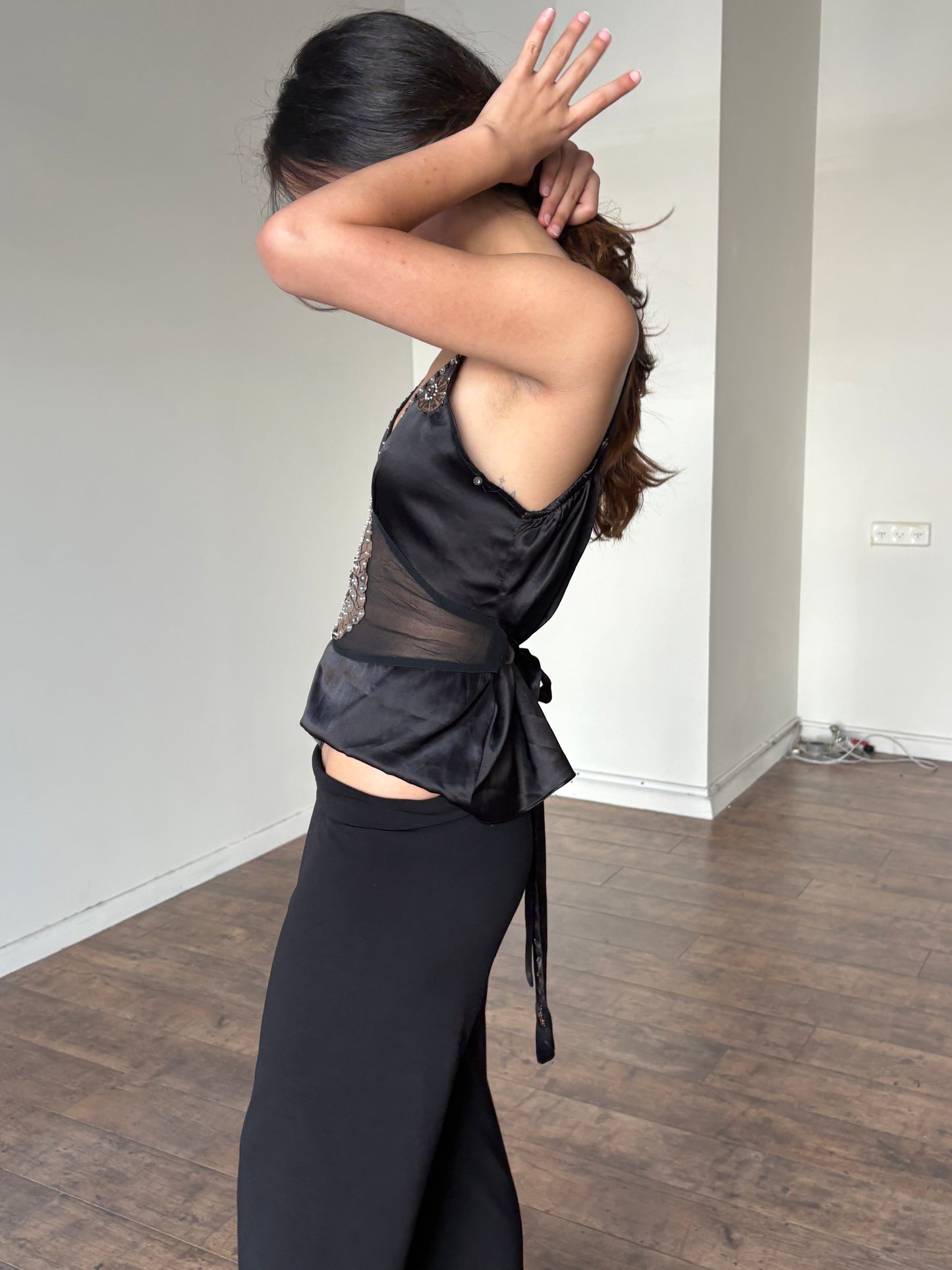 Beaded mesh tie up top
