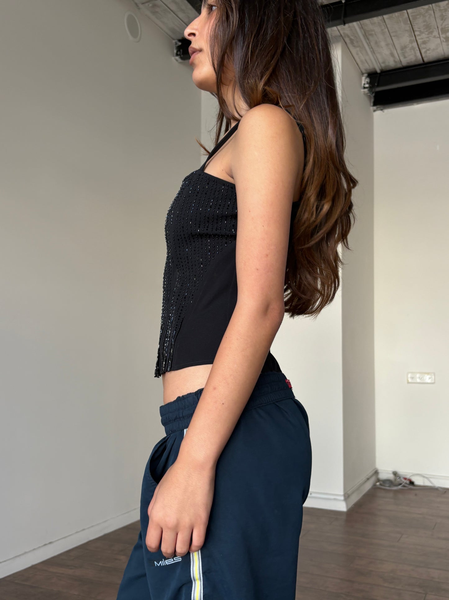 Black beaded evening corset top