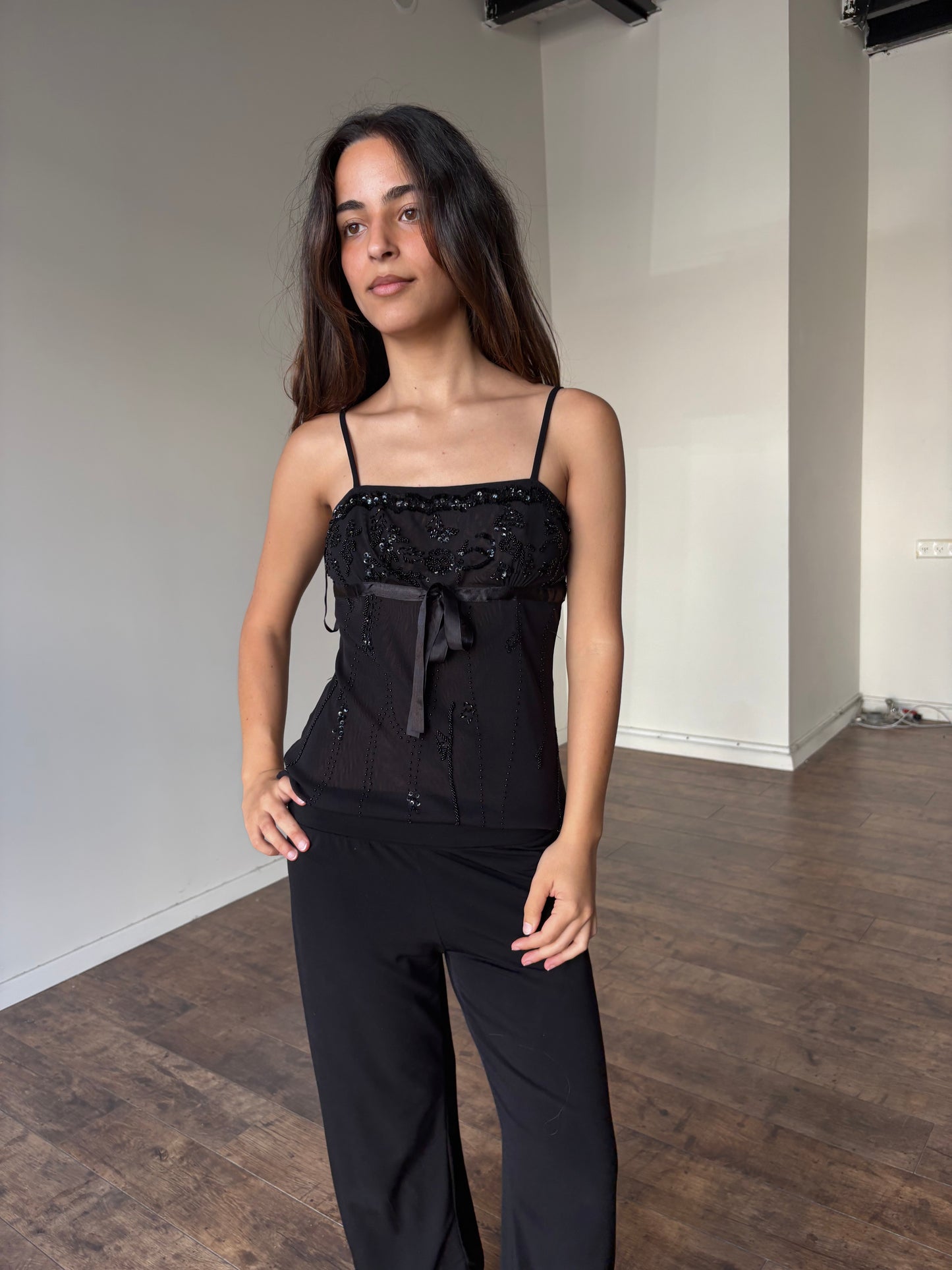 Tie up beaded black top￼