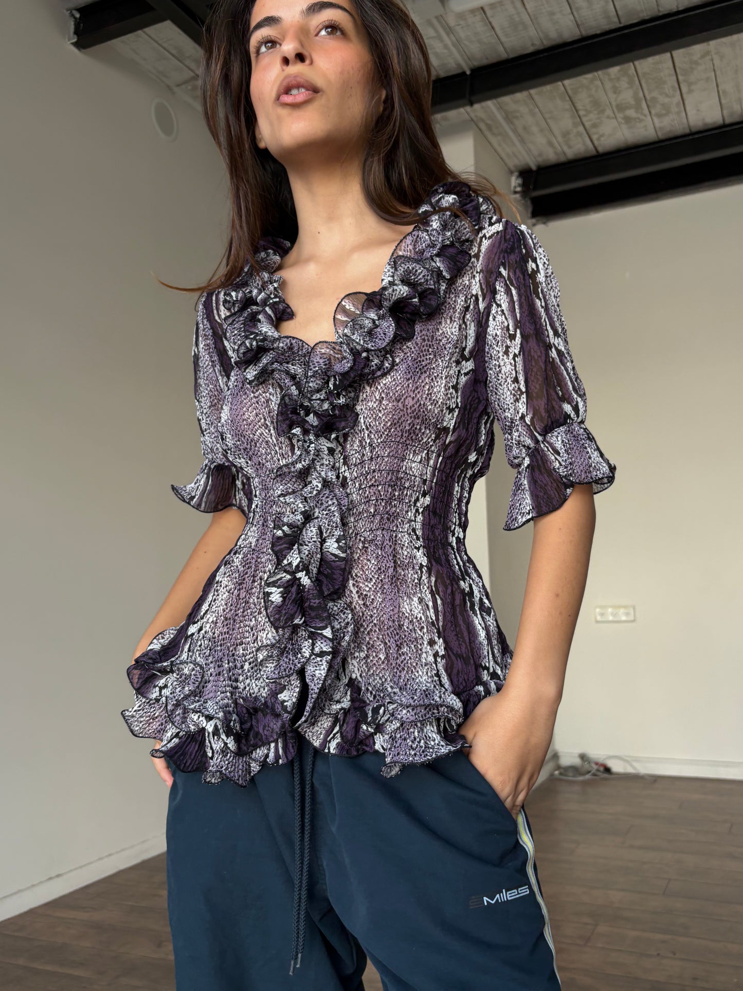 Ruffled purple button up top